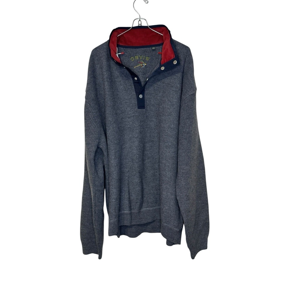 Orvis Men's Polo Sweater‎ Wool Long Sleeve Knit Pullover Elbow Patches Gray XXL